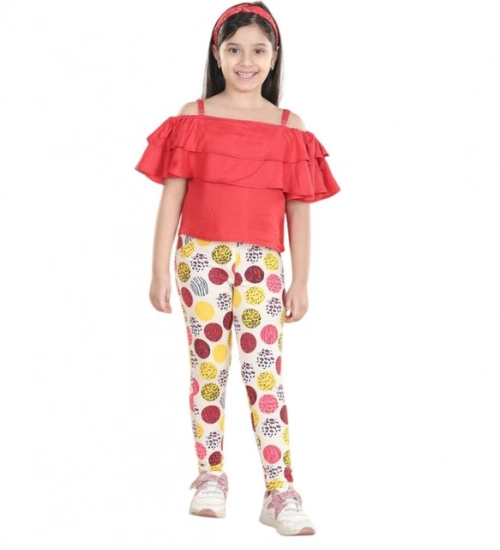 Girl's Cotton Floral Elasticated Jegging and Top Set (Red) Girl's Cotton Floral Elasticated Jegging and Top Set (Red)