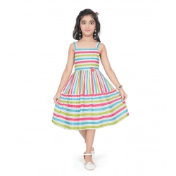 Girl's Cotton Striped Sleeve Less Squre Neck Dress (Multicolor)