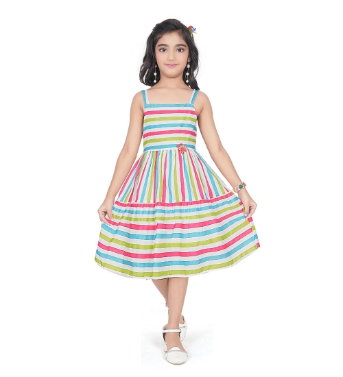 Girl's Cotton Striped Sleeve Less Squre Neck Dress (Multicolor)