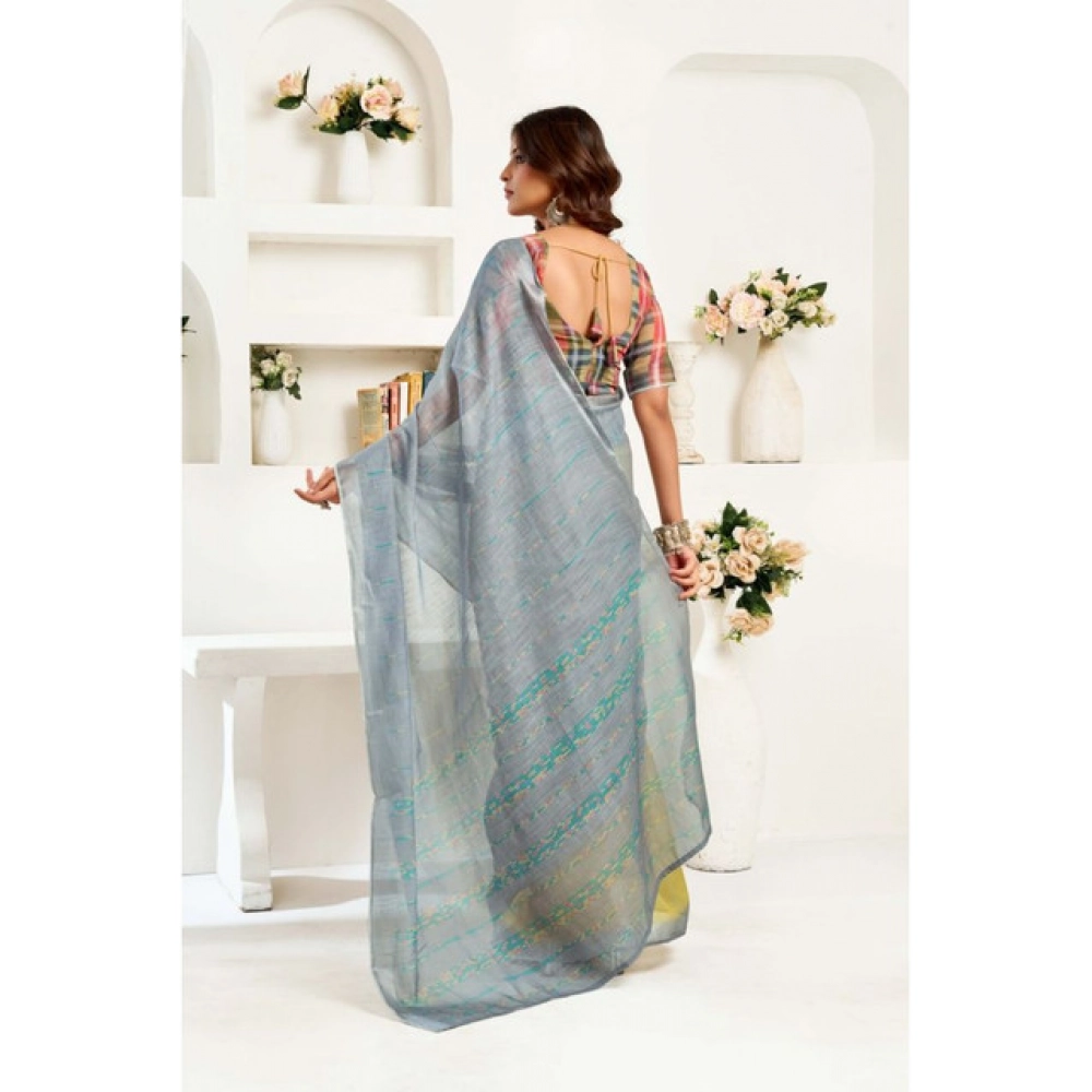 Women's Linen Cotton Printed Ready To Wear Saree With Unstitched Blouse 5.5 Mtr (Grey)