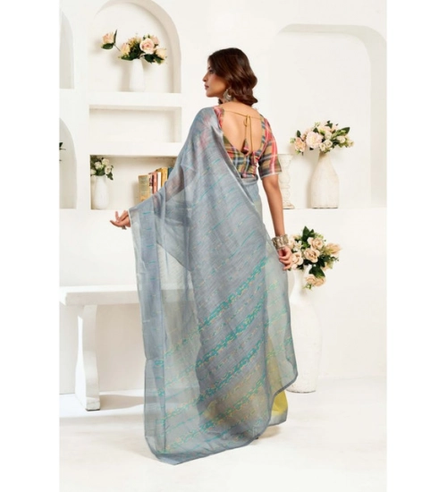 Women's Linen Cotton Printed Ready To Wear Saree With Unstitched Blouse 5.5 Mtr (Grey)