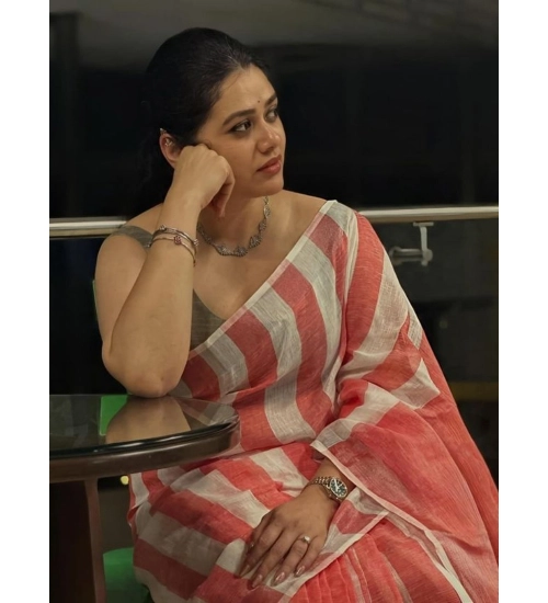 Women's Linen Printed Saree With Unstitched Blouse 5.5Mtr (Multicolor)