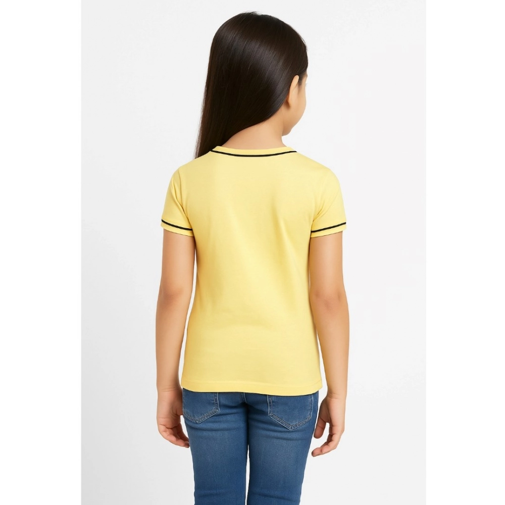 Girl's Cotton Printeded Round Neck T-Shirt (Yellow)