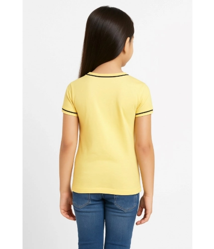 Girl's Cotton Printeded Round Neck T-Shirt (Yellow)