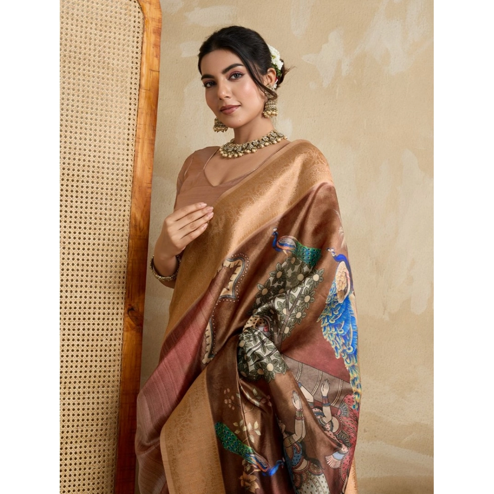 Women's Silk Printed Saree With Unstitched Blouse 5.5Mtr (Brown) Women's Silk Printed Saree With Unstitched Blouse 5.5Mtr (Brown)