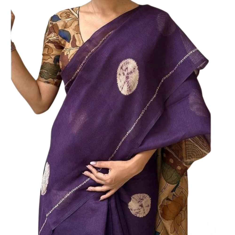 Women's Linen Printed Saree With Unstitched Blouse 5.5Mtr (Purple) Women's Linen Printed Saree With Unstitched Blouse 5.5Mtr (Purple)