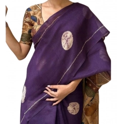 Women's Linen Printed Saree With Unstitched Blouse 5.5Mtr (Purple)