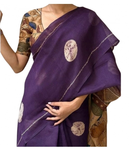 Women's Linen Printed Saree With Unstitched Blouse 5.5Mtr (Purple)