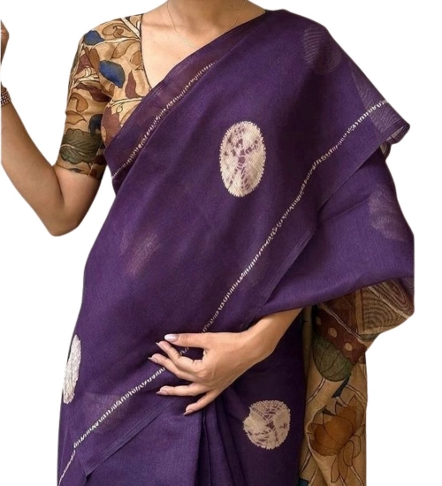 Women's Linen Printed Saree With Unstitched Blouse 5.5Mtr (Purple)