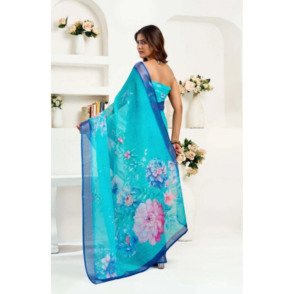 Women's Faux Linen Floral Print Ready to wear Saree With Unstitched Blouse 5.5Mtr (Light_AquaBlue) Women's Faux Linen Floral Print Ready to wear Saree With Unstitched Blouse 5.5Mtr (Light_AquaBlue)