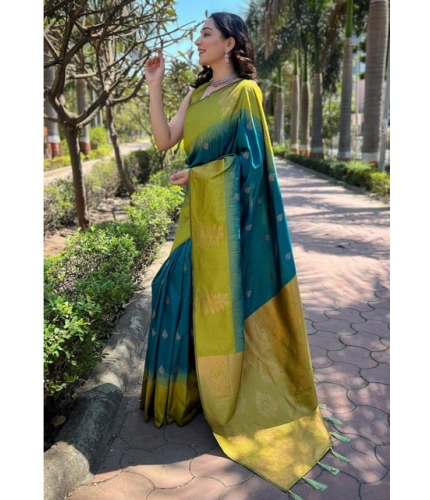 Women's Soft Lichi Silk Printed Saree With Unstitched Blouse 5.5Mtr (Green) Women's Soft Lichi Silk Printed Saree With Unstitched Blouse 5.5Mtr (Green)