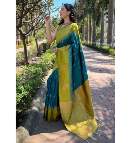 Women's Soft Lichi Silk Printed Saree With Unstitched Blouse 5.5Mtr (Green)