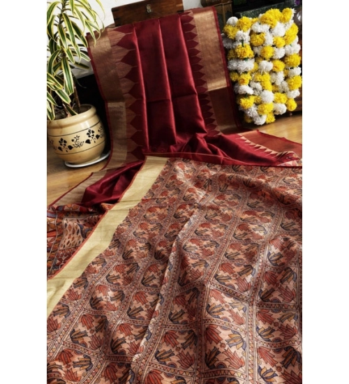 Women's Tussar Silk Madhubani Saree With Unstitched Blouse 5.5Mtr (Maroon)