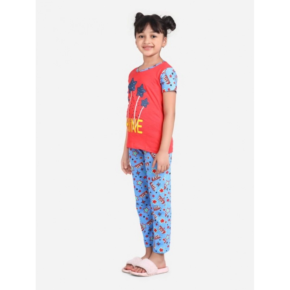 Girl's Cotton Hosiery Printed Night Suit Set (Red-Blue) Girl's Cotton Hosiery Printed Night Suit Set (Red-Blue)