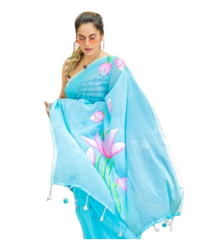 Women's Linen Printed Saree With Unstitched Blouse 5.5Mtr (light Blue)