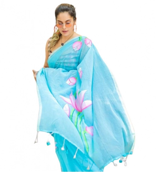 Women's Linen Printed Saree With Unstitched Blouse 5.5Mtr (light Blue)
