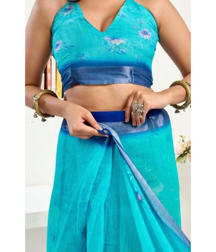 Women's Faux Linen Floral Print Ready to wear Saree With Unstitched Blouse 5.5Mtr (Light_AquaBlue)
