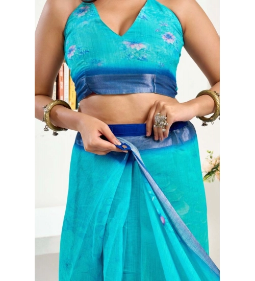 Women's Faux Linen Floral Print Ready to wear Saree With Unstitched Blouse 5.5Mtr (Light_AquaBlue)
