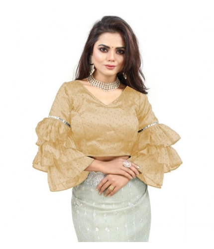 Women's Organza Solid V Neck Layered Ruffle Sleeve Readymade Blouse (Beige Free Size , up to 38–40 Bust)-PID65847