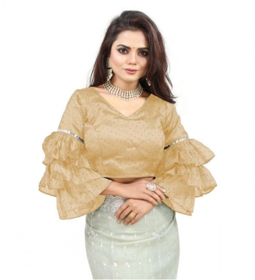 Women's Organza Solid V Neck Layered Ruffle Sleeve Readymade Blouse (Beige Free Size , up to 38–40 Bust)-PID65847