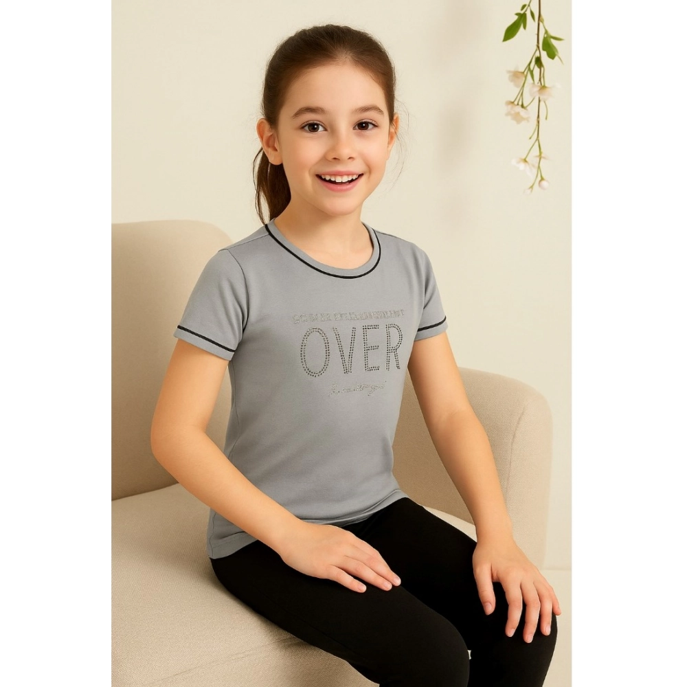 Girl's Cotton Printeded Round Neck T-Shirt (Grey)