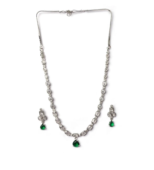 Women's Brass Silver Plated Necklace set (Green)