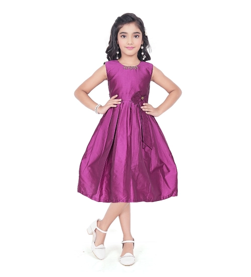 Girl's Taffeta Silk Soild Sleeve Less Round Neck Dress (Purple)