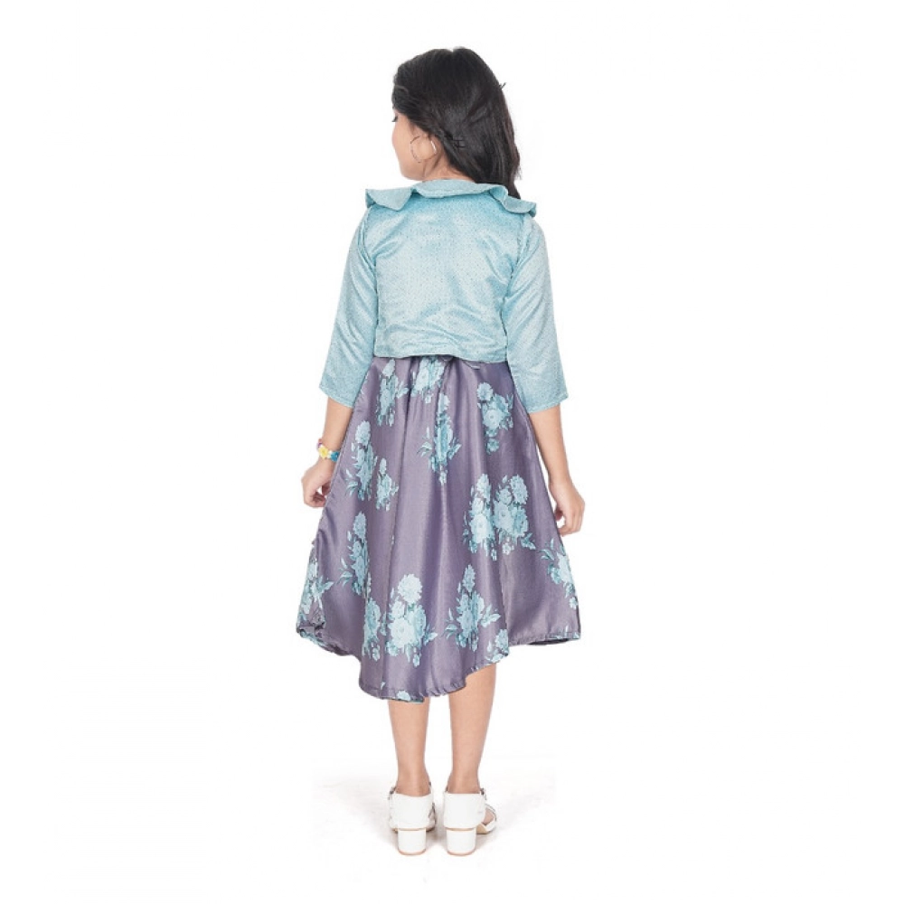 Girl's Satin Printed Sleeve Less Round Neck Dress (Sea Green)