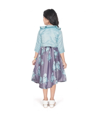 Girl's Satin Printed Sleeve Less Round Neck Dress (Sea Green)