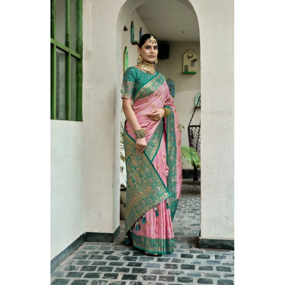 Women's Silk Blend Booti Work Ready to wear Saree With Unstitched Blouse 5.5Mtr (Peach)