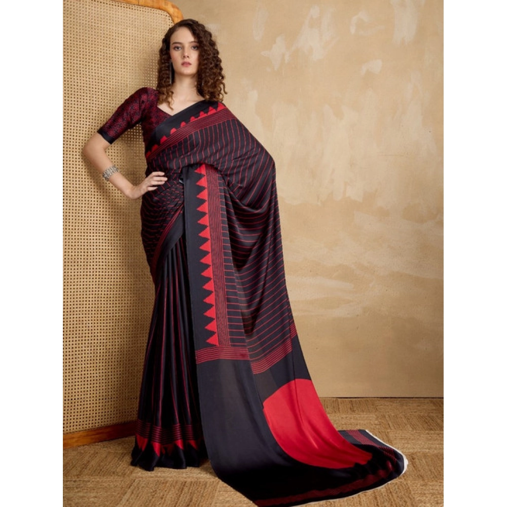 Women's Satin Crepe Printed Saree With Unstitched Blouse 5.5Mtr (Black)