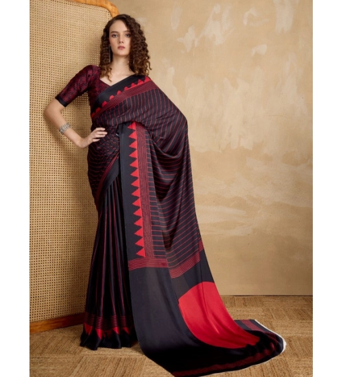 Women's Satin Crepe Printed Saree With Unstitched Blouse 5.5Mtr (Black)