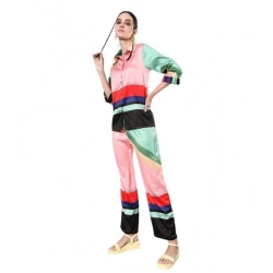Women's Satin Colour Block Long Sleeves Co-Ord Set (Multicolor)