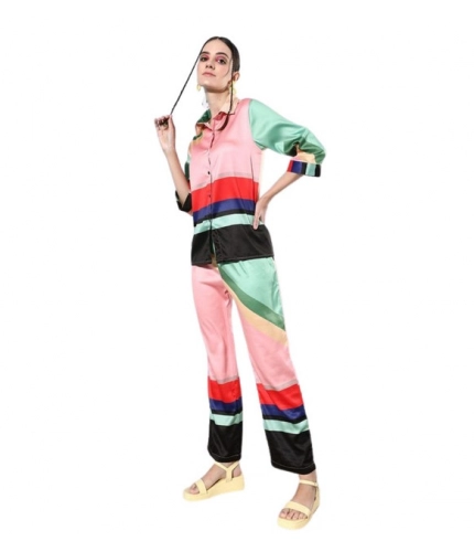 Women's Satin Colour Block Long Sleeves Co-Ord Set (Multicolor)
