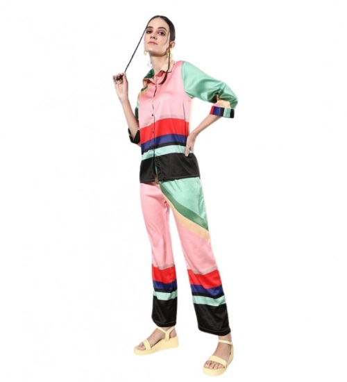 Women's Satin Colour Block Long Sleeves Co-Ord Set (Multicolor)