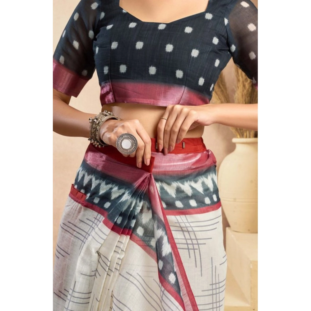 Women's Faux Linen Floral Print Ready to wear Saree With Unstitched Blouse 5.5Mtr (OffWhite) Women's Faux Linen Floral Print Ready to wear Saree With Unstitched Blouse 5.5Mtr (OffWhite)