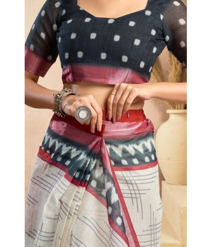 Women's Faux Linen Floral Print Ready to wear Saree With Unstitched Blouse 5.5Mtr (OffWhite)