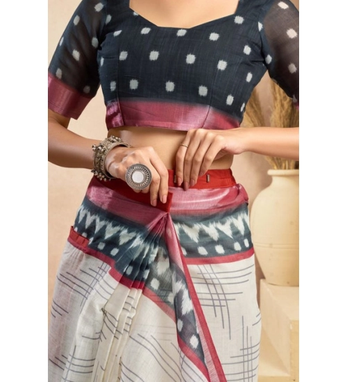 Women's Faux Linen Floral Print Ready to wear Saree With Unstitched Blouse 5.5Mtr (OffWhite)