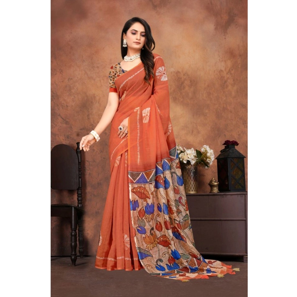 Women's Linen Printed Saree With Unstitched Blouse 5.5Mtr (Red) Women's Linen Printed Saree With Unstitched Blouse 5.5Mtr (Red)