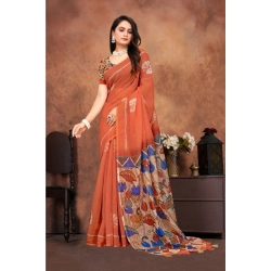 Women's Linen Printed Saree With Unstitched Blouse 5.5Mtr (Red)