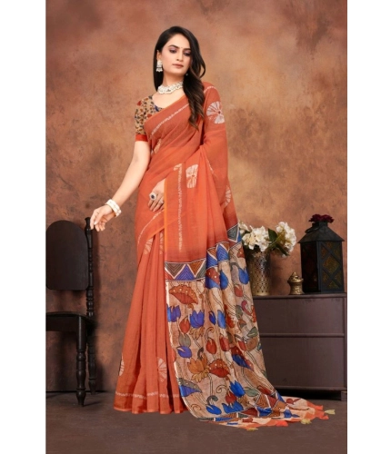 Women's Linen Printed Saree With Unstitched Blouse 5.5Mtr (Red)