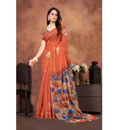 Women's Linen Printed Saree With Unstitched Blouse 5.5Mtr (Red)