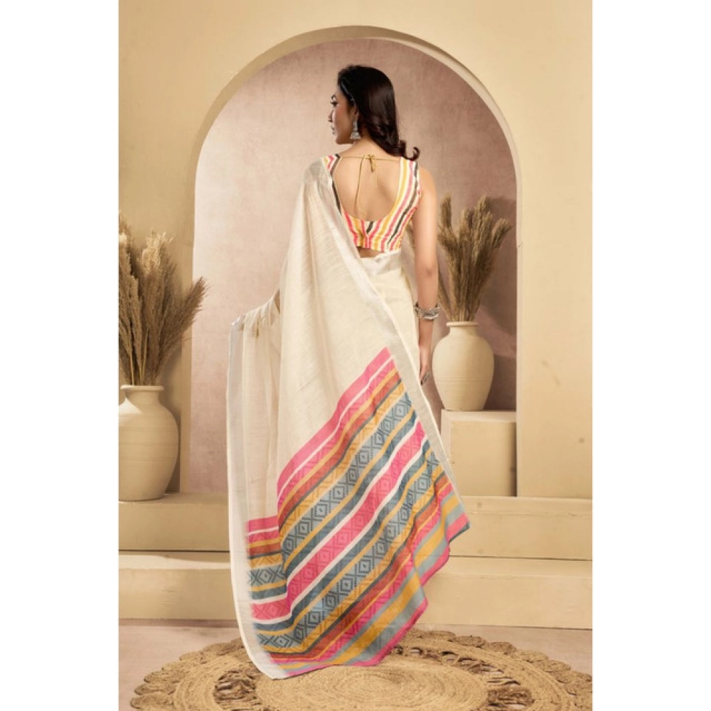 Women's Linen Cotton Printed Ready To Wear Saree With Unstitched Blouse 5.5 Mtr (Beige)