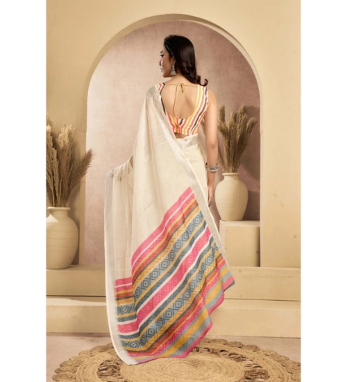 Women's Linen Cotton Printed Ready To Wear Saree With Unstitched Blouse 5.5 Mtr (Beige)