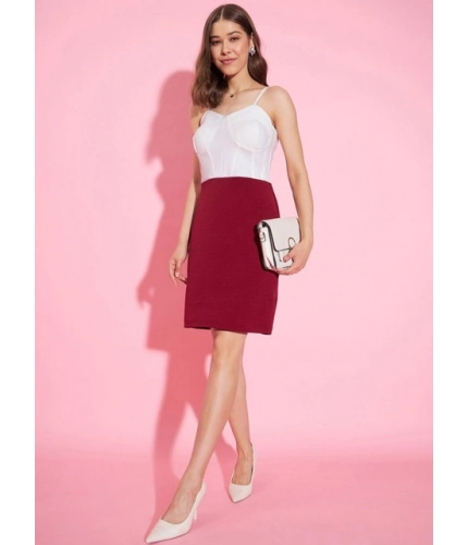 Women's Polyester Lycra Color Blocking Shoulder Straps Dress (White - Maroon)