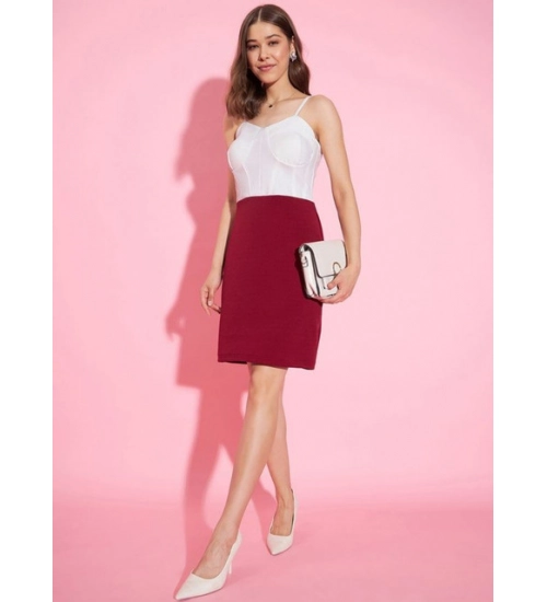 Women's Polyester Lycra Color Blocking Shoulder Straps Dress (White - Maroon)