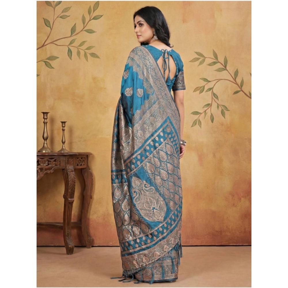 Women's Silk Blend Printed Saree With Unstitched Blouse 5.5Mtr (Teal) Women's Silk Blend Printed Saree With Unstitched Blouse 5.5Mtr (Teal)