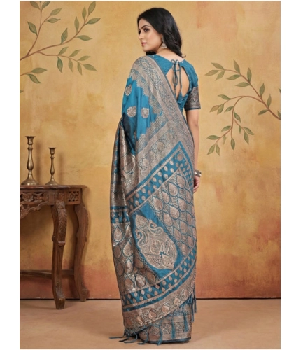 Women's Silk Blend Printed Saree With Unstitched Blouse 5.5Mtr (Teal)