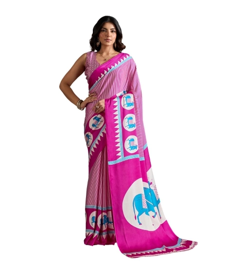 Women's Satin Crepe Printed Saree With Unstitched Blouse 5.5Mtr (Pink)
