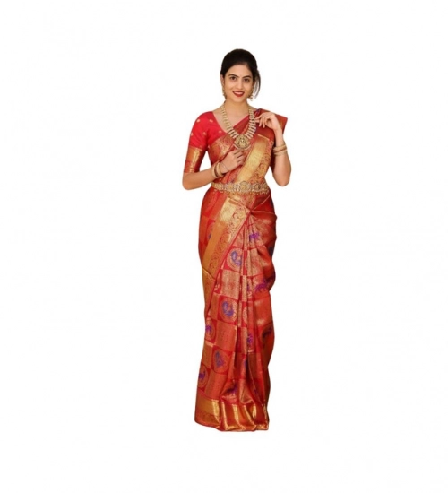 Women's Soft Lichi Silk Printed Saree With Unstitched Blouse 5.5Mtr (Red)